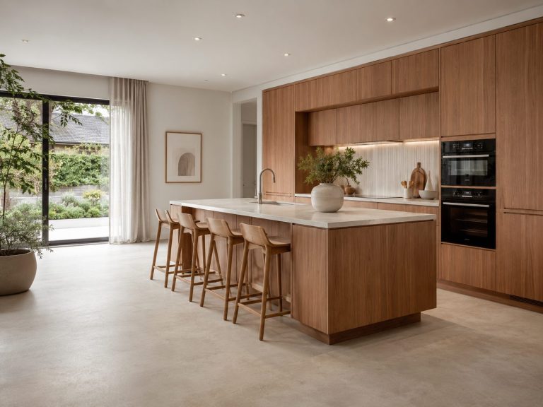Minimalistische Scandinavische keuken met warme houten kasten, greige betonlook PVC-vloer, kookeiland en natuurlijk daglicht.