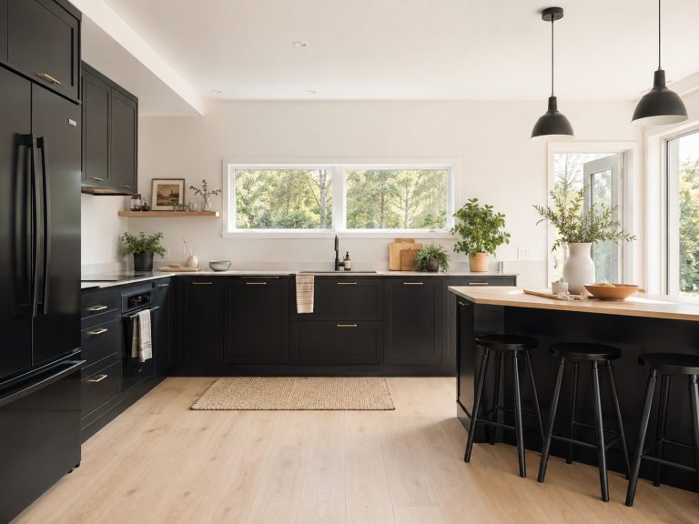 Moderne Scandinavische keuken met matzwarte kasten, lichte brede eikenlook vloer, kookeiland en veel natuurlijk daglicht.