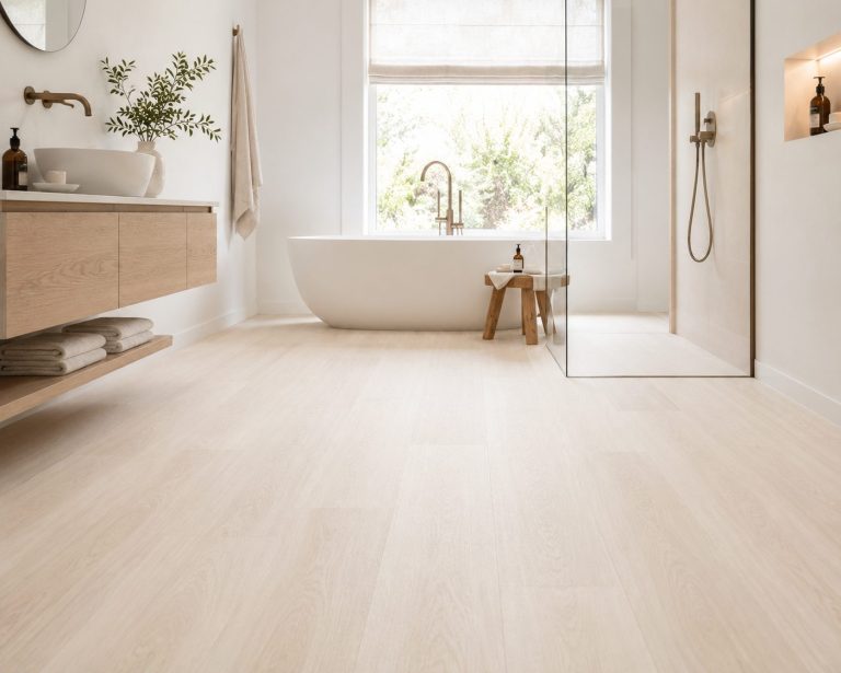 Frisse badkamer met creamy off-white PVC houtvloer, subtiele houtnerf, vrijstaand bad en zachte natuurlijke lichtinval.
