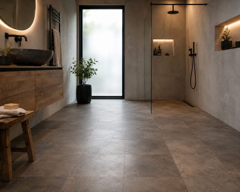 Moderne industriële badkamer met grijsbruine PVC tegelvloer, betonwanden, zwarte kranen en regendouche.