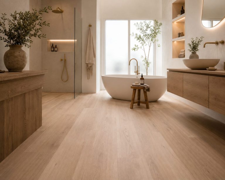 Luxe badkamer met brede eikenlook PVC planken, vrijstaand bad, houtaccenten en veel natuurlijk licht.